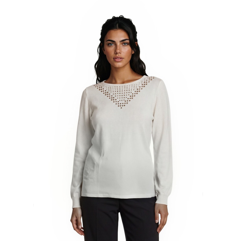 Misook Knit Top Sweater Women's Size Medium White Gold Metal Studded Long Sleeve